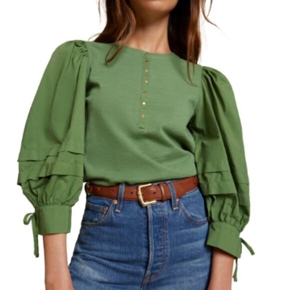 Nation LTD Dixie Poplin Sleeve Henley Top Sea Green Size Large - Picture 1 of 12